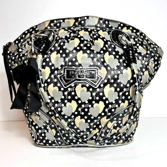 Guess Black Cream Polka Dots Tote Bag, Dual Handles, Heart Pattern Keychain NWOT - Picture 1 of 16